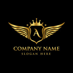 Obraz premium Luxury royal wing Letter A crest Gold color Logo vector, Victory logo, crest logo, wing logo, vector logo template