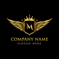 Luxury royal wing Letter M crest Gold color Logo vector, Victory logo, crest logo, wing logo, vector logo template