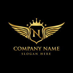 Luxury royal wing Letter N crest Gold color Logo vector, Victory logo, crest logo, wing logo, vector logo template