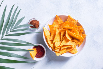 Traditional mexican snack nachos with sauce, spices and palm branch on a white background