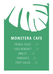  Cafe menu design with monstera element. Graphic vector illustration