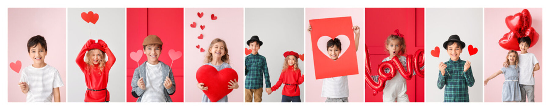 Collage of photos with cute little children. Valentine's Day celebration