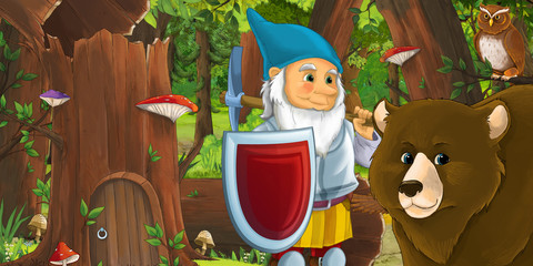 Obraz na płótnie Canvas cartoon scene with happy dwarf in the forest near some house in the old tree and near some owls birds - illustration for children