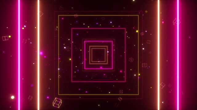An endless tunnel of luminous multicolored neon squares for music videos, night clubs, LED screens, projection show, video mapping, audiovisual performance, fashion events. Seamless loop 3d render