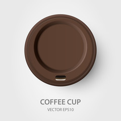 Vector 3d Realistic Disposable Closed Paper, Plastic Coffee Cup for Drinks with Brown Lid Closeup Isolated on White Background. Design Template, Mockup. Top View