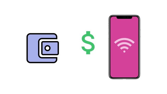 Animation concept of sending money funds between a wallet and a mobile phone