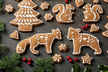 Christmas gingerbread cookies on a dark background