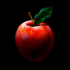 Red apple. Realistic, color, artistic image of a red Apple with water drops on a black background