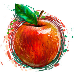 Red apple. Painted, colored, artistic image of a red Apple on a white background in watercolor style. 
