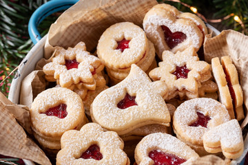 Linzer Christmas cookies filled with red currant marmalade