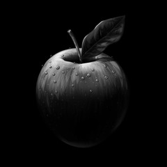 Apple. Realistic, black-and-white, artistic image of an Apple with water drops on a black background.