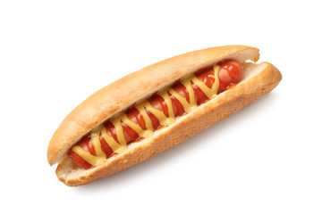 Tasty hot dog on white background