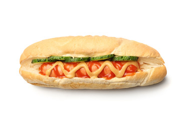 Tasty hot dog on white background