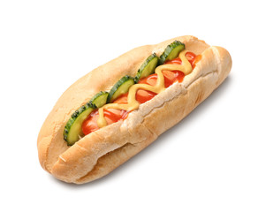 Tasty hot dog on white background