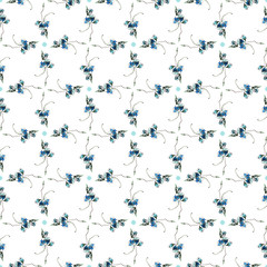 seamless pattern with blue watercolor flowers. Square oriental ornament with dots and sprouts. Ideal for underwear, textile, wrapping and scrapbooking paper