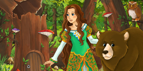 Obraz na płótnie Canvas cartoon scene with happy young girl princess in the forest encountering pair of owls flying - illustration for children
