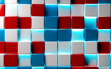 Abstract red and blue blocks or cubes background.trendy design of mosaic shiny texture and neon lights. Tech and digital backdrop.3d illustration