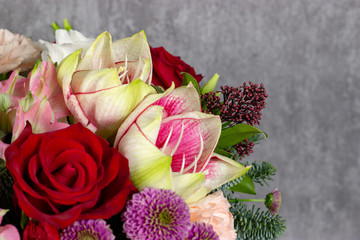 fresh composition of bright flowers close-up work florist place for text