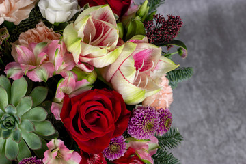 fresh composition of bright flowers close-up work florist place for text
