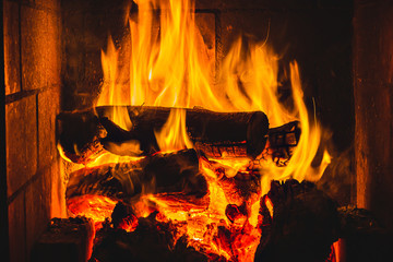 Obraz premium Flames burning a bonfire with coals, fireplace, close-up