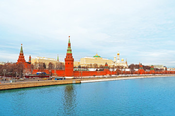 Fototapeta premium Winter Moscow Kremlin, Kremlin embankment and Moscow River. Architecture and landmark of Moscow, Russia