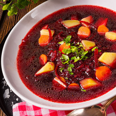 Delicious beetroot borscht with egg
