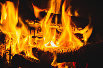 Flames burning a bonfire with coals, fireplace, close-up