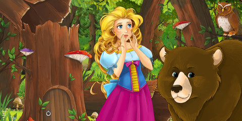 cartoon scene with happy young girl princess in the forest encountering pair of owls flying - illustration for children