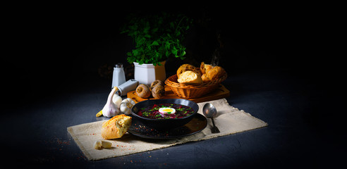 Delicious beetroot borscht with egg