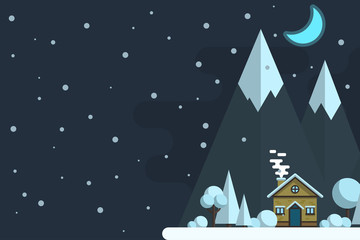 Winter night landscape. Houses on a background of mountains. Vector flat illustration