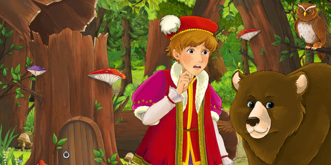 cartoon scene with happy young boy prince chest in the forest encountering pair of owls flying - illustration for children