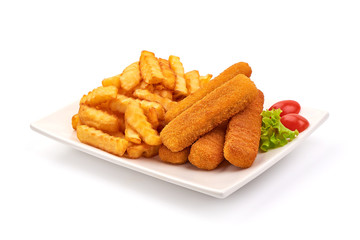 Fish fingers with french fries, isolated on white background