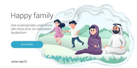 Arabic family playing with children in the park. Cartoon Vector illustration. Family day, celebration. 
