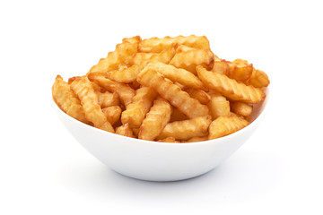 French fries in a bowl, isolated on white background