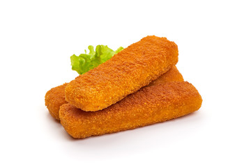 Crumbed golden fried fish fingers, isolated on white background