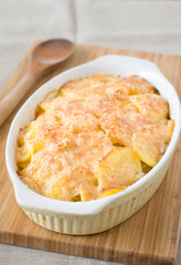 Dish of potato gratin on a table