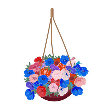 Bush Petunia hanging plant in a hanging basket to decorate a window or balcony. Colorful flowers in a basket. Isolated on a white background. Vector illustration.