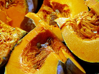 slices of pumpkin at the market counter