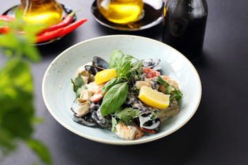 Seafood, mussels and shrimps in a lemon cream sauce