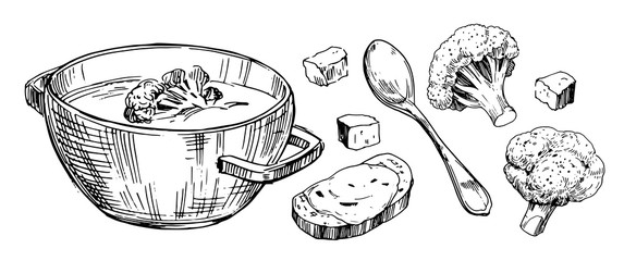 Vegetable soup. Hand drawn illustration converted to vector