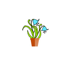 Icon blue flowers in brown pot object isolated flat design stock vector illustration for web, for print