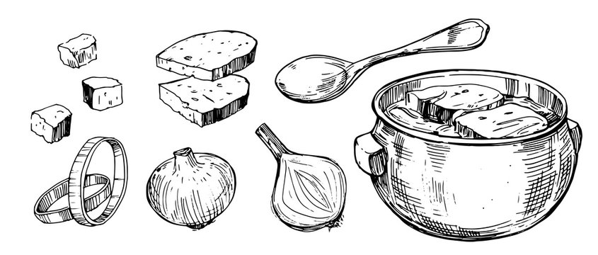 Vegetable onion soup. Hand drawn illustration converted to vector
