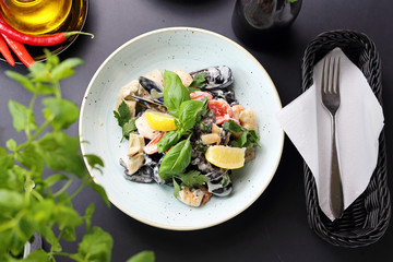 Seafood, mussels and shrimps in a lemon cream sauce