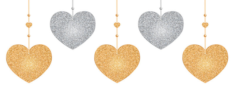 Golden and silver hanging glitter hearts. Valentine's day greeting design.  Vector illustration on white background.