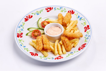 french fries, vegetables and sauce, kids menu