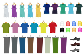 Set of male and female clothes hanging on a hanger. Flat style, illustration. Clothes and accessories fashion icons