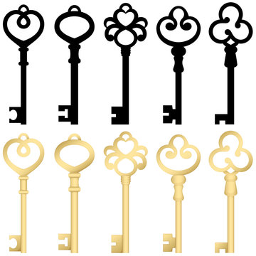 Vector illustration of a variety of skeleton keys, in both black (silhouette) and gold colors.