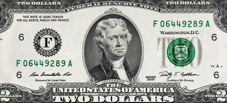 US two dollar bill. Unites States 2 dollars close up. Thomas Jefferson.