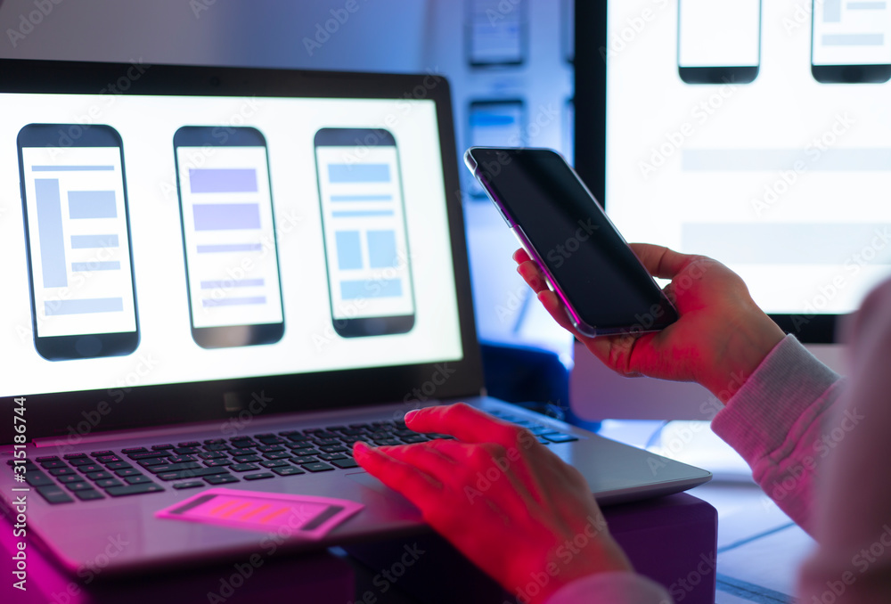 Poster ux designers engineers are developing a mobile phone application interface. user experience.