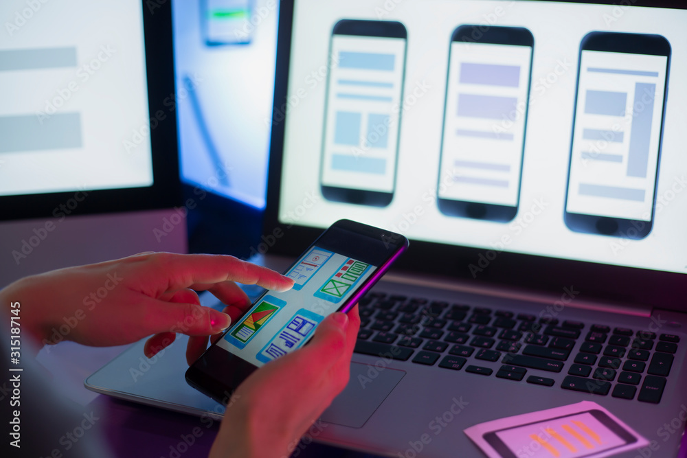 Poster designers create a user interface for mobile phones. website development. user experience.